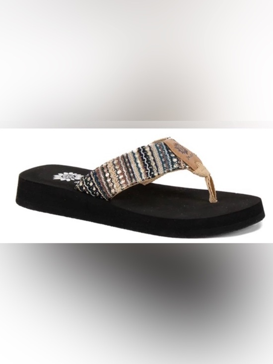 Yellow Box Shoes - Yellow Box Black and Tan Sandals with Striped Design - Size 7.5